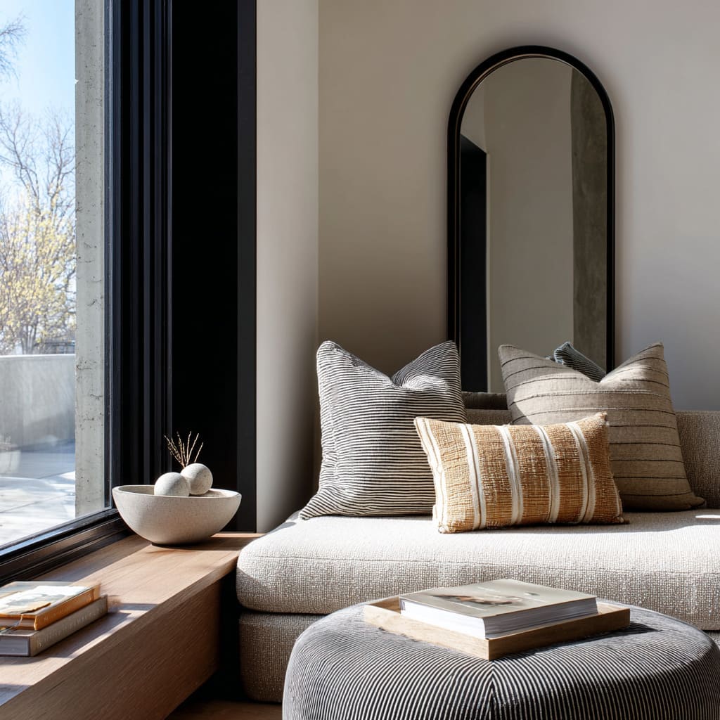 corner composition with arched mirror, boucle sofa, ribbed pouf, oak sill holding stone bowl, neutral pillows corner composition with arched mirror, boucle sofa, ribbed pouf, oak sill holding stone bowl, neutral pillows