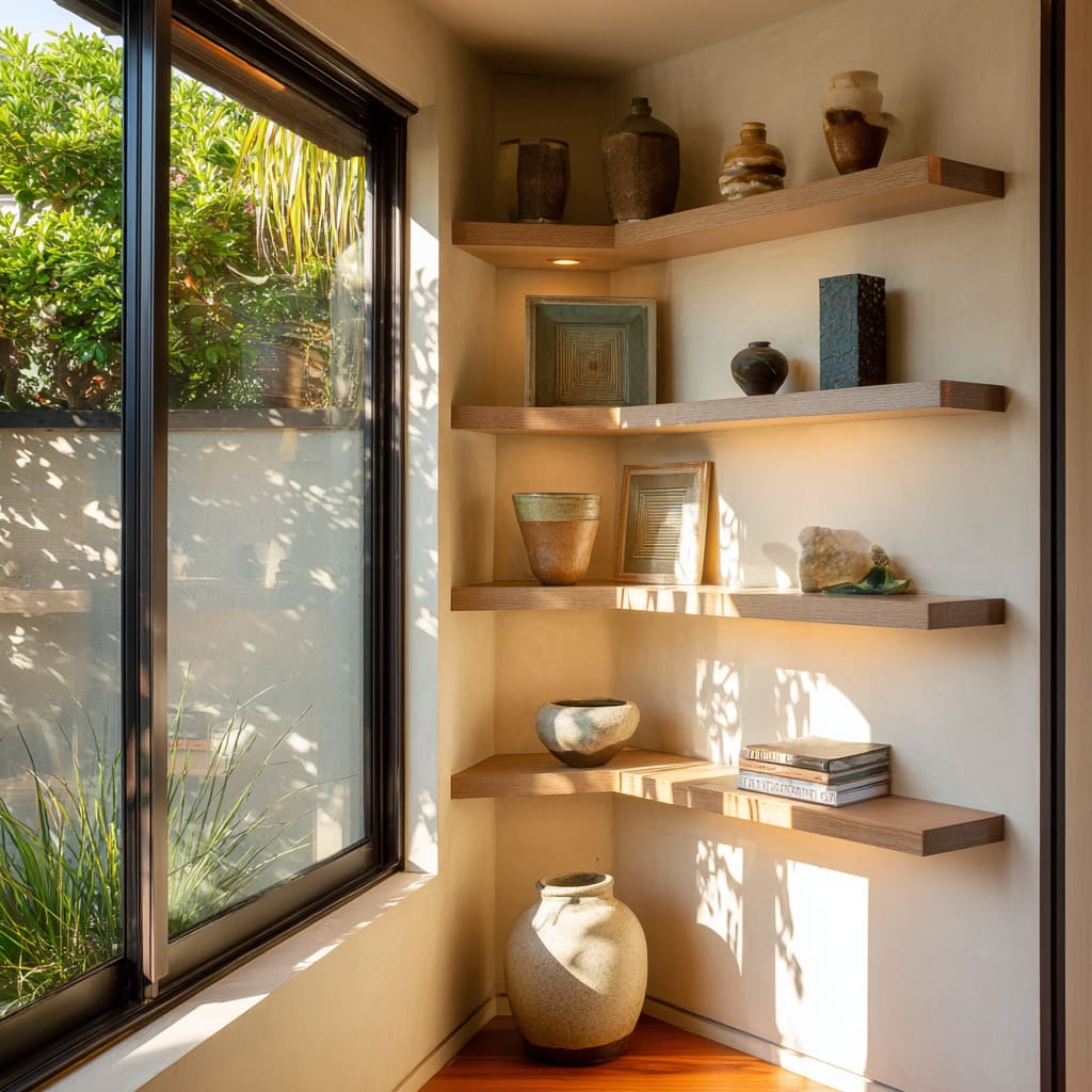 corner with slim oak shelves ideas, plaster walls, earthy jars, leaf shadows, minimal styling corner with slim oak shelves ideas, plaster walls, earthy jars, leaf shadows, minimal styling