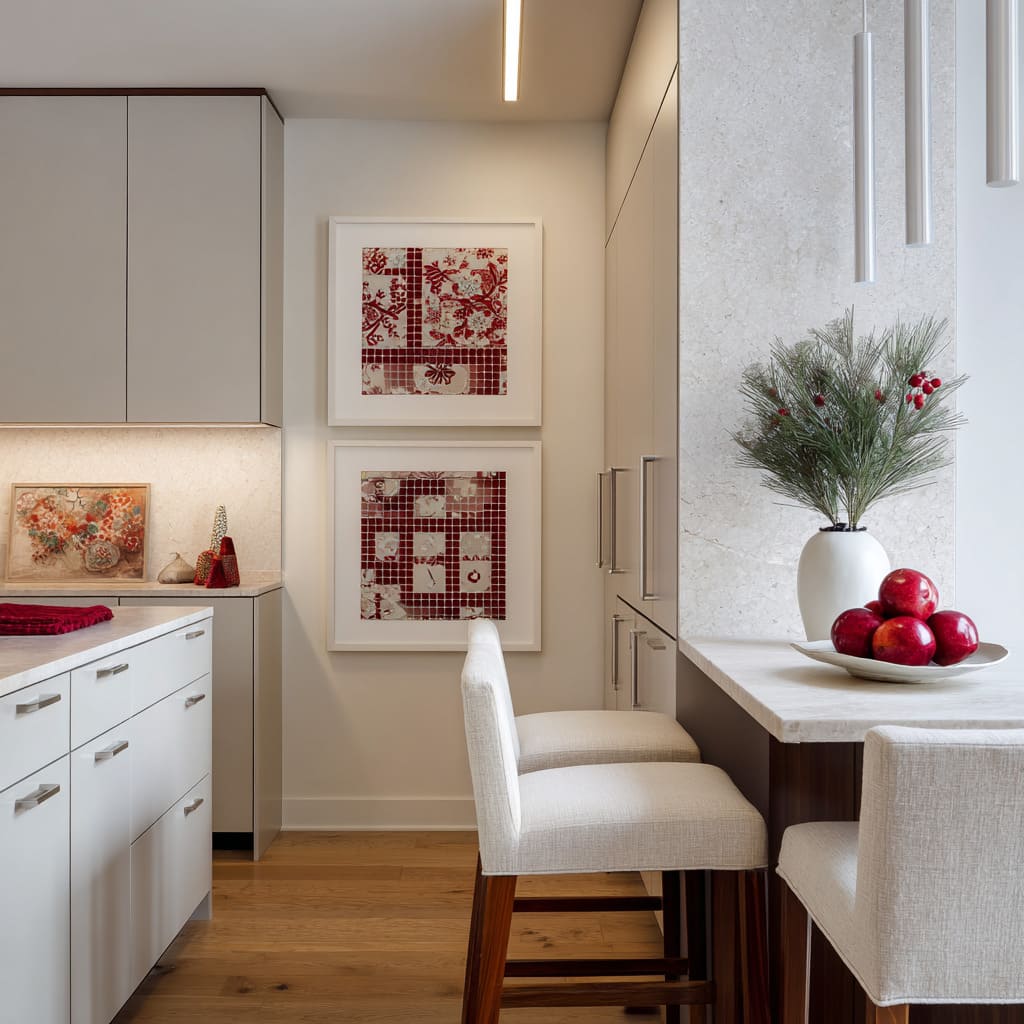 cranberry patchwork-style framed art, red accents, small trees, greenery, and a bowl of red apples for a subtle Christmas touch cranberry patchwork-style framed art, red accents, small trees, greenery, and a bowl of red apples for a subtle Christmas touch