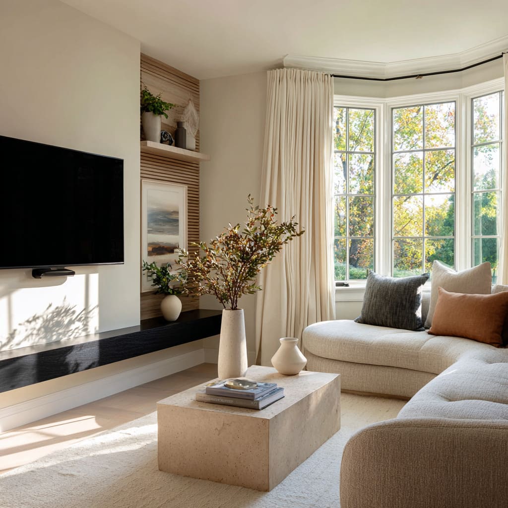 dark ledge, subtle decor, and branches in vase for a light cozy living room corner moment dark ledge, subtle decor, and branches in vase for a light cozy living room corner moment