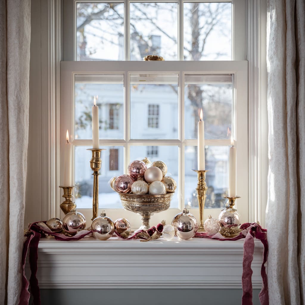 Ventana de guillotina decorada con adornos metálicos en rosa empolvado, cuenco pedestal plateado, candelabros de latón y cinta rosa suave para un equilibrio festivo cálido. Ventana de guillotina decorada con adornos metálicos en rosa empolvado, cuenco pedestal plateado, candelabros de latón y cinta rosa suave para un equilibrio festivo cálido.