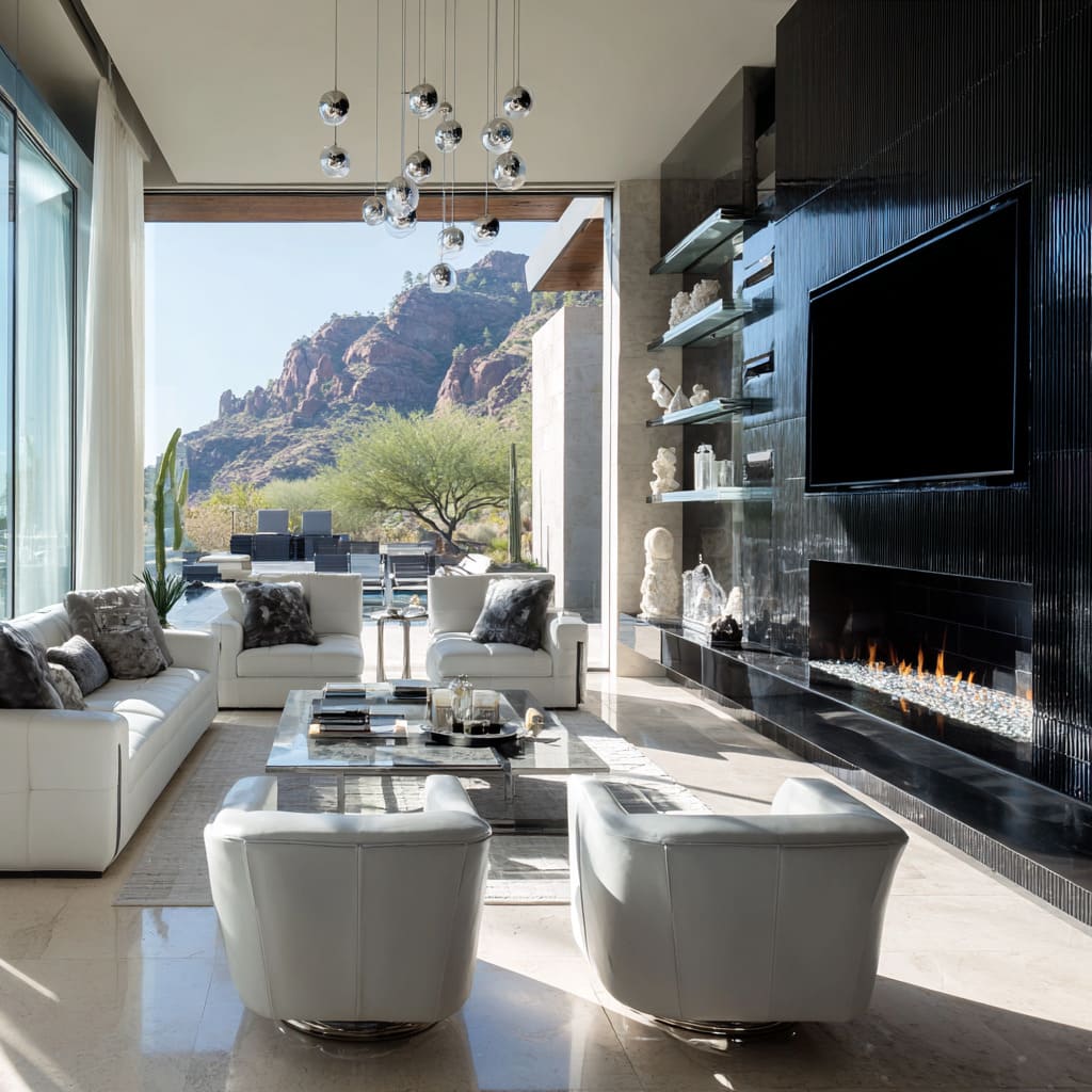 Sala amplia y sofisticada en negro y plata con pared acanalada brillante en la chimenea, repisas flotantes de vidrio plateado y asientos blancos Sala amplia y sofisticada en negro y plata con pared acanalada brillante en la chimenea, repisas flotantes de vidrio plateado y asientos blancos