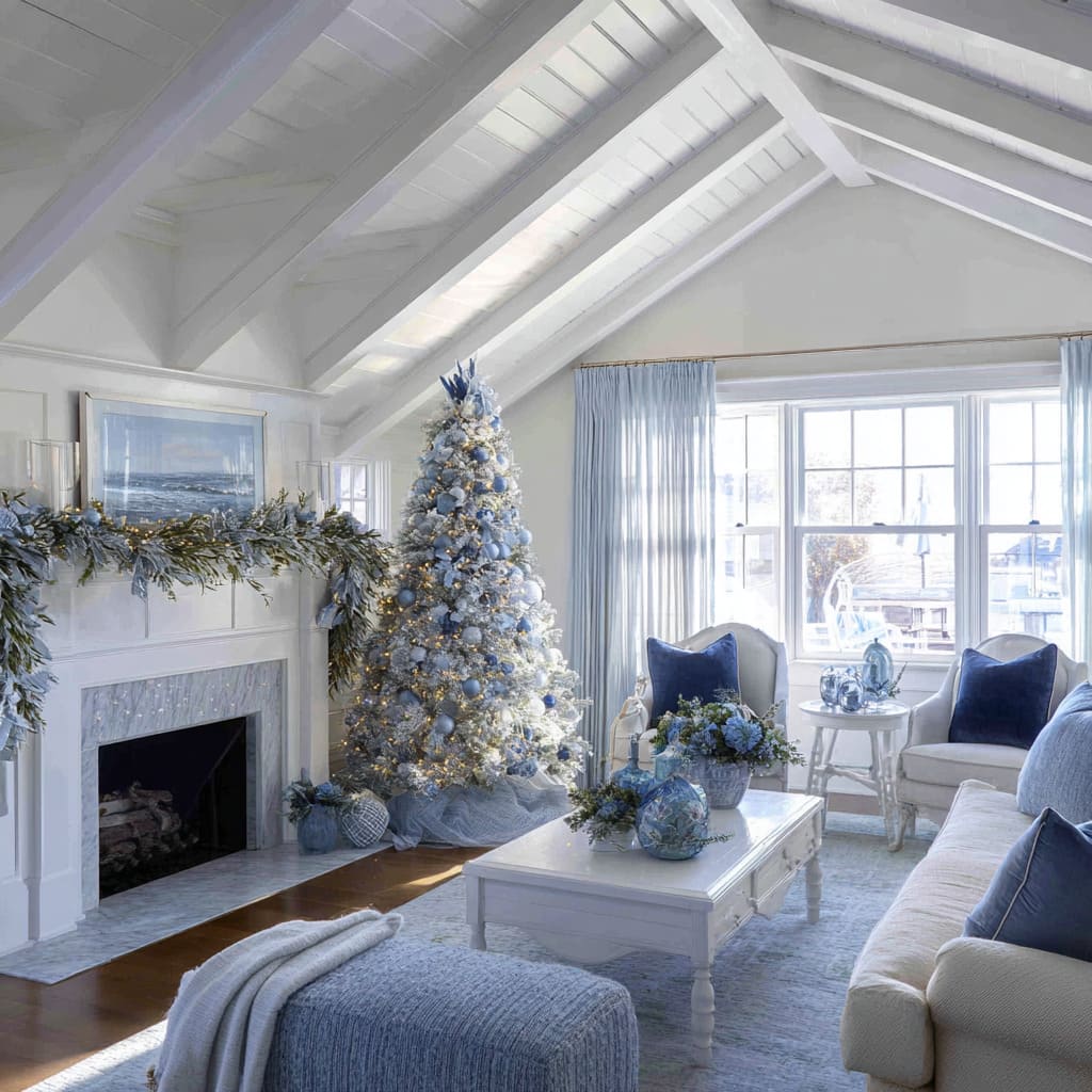 flocked blue and silver Christmas tree, airy garland mantel, white furniture, and fog-blue drapery for a breezy festive feel flocked blue and silver Christmas tree, airy garland mantel, white furniture, and fog-blue drapery for a breezy festive feel