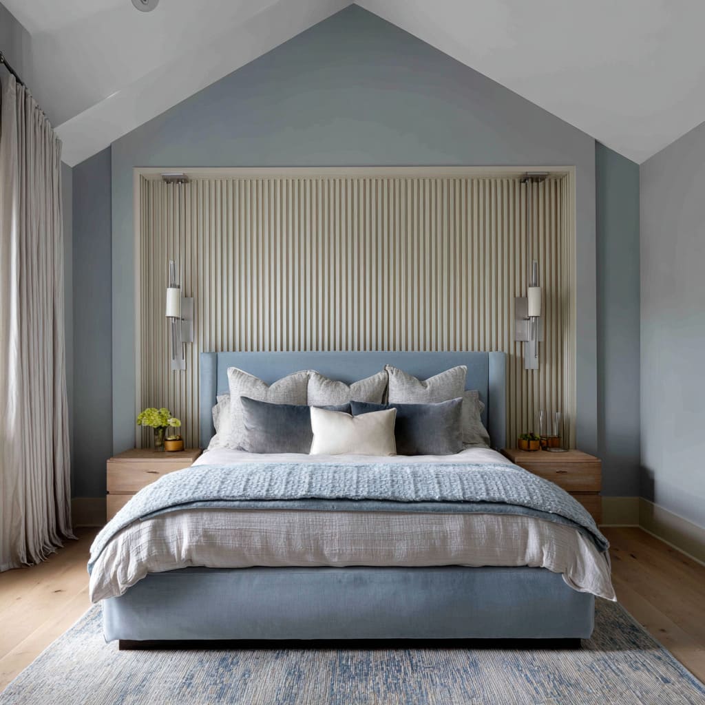 fluted wall design with powder-blue bed in a gabled niche, warm oak tables, and calm reflective light fluted wall design with powder-blue bed in a gabled niche, warm oak tables, and calm reflective light