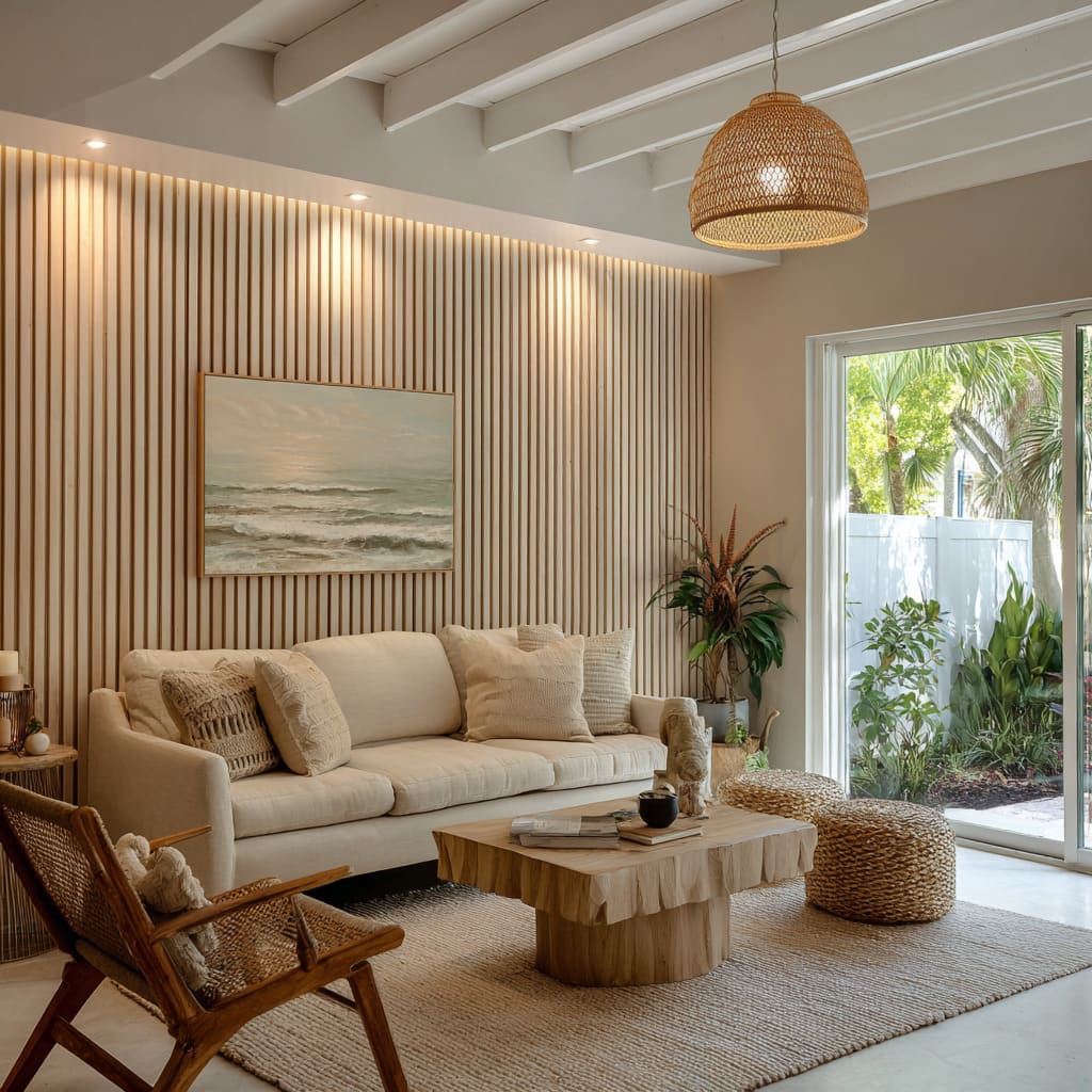 fluted wood wall ideas with soft spotlight washes, centered ocean artwork, plush sofa fluted wood wall ideas with soft spotlight washes, centered ocean artwork, plush sofa