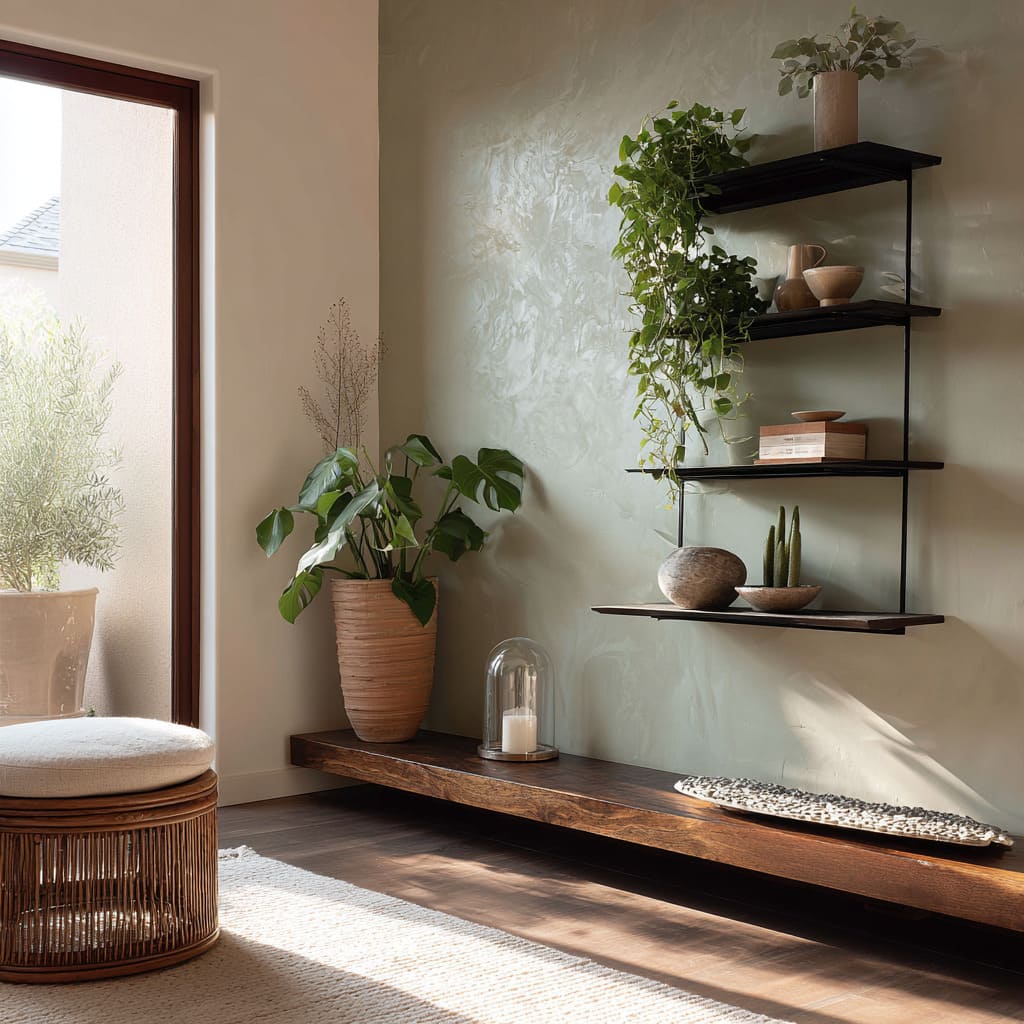 front bench with thick shelves above, sculptural ceramics, pedestal table, brass swing lamp, and boucle pillows front bench with thick shelves above, sculptural ceramics, pedestal table, brass swing lamp, and boucle pillows