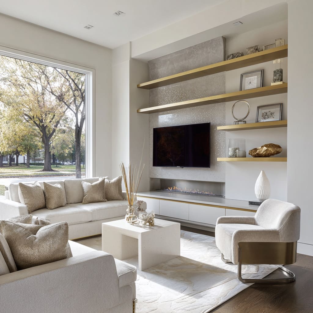 gold-band media wall design with stippled pale plaster, brushed-steel chair base, linear fire, metallic-thread pillows gold-band media wall design with stippled pale plaster, brushed-steel chair base, linear fire, metallic-thread pillows