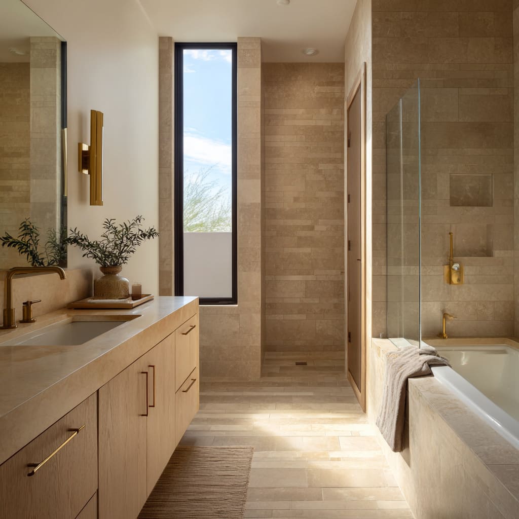 gold sand bathroom design with layered stone, slim window and brushed gold hardware gold sand bathroom design with layered stone, slim window and brushed gold hardware