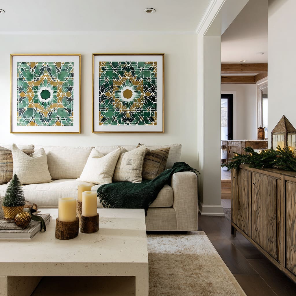 green-and-gold kaleidoscope prints above a neutral sofa, green throw, wood console with greenery, and warm winter accents green-and-gold kaleidoscope prints above a neutral sofa, green throw, wood console with greenery, and warm winter accents