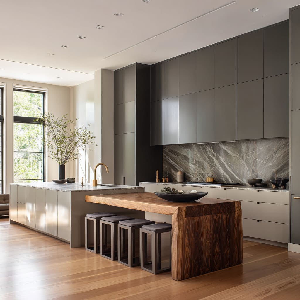 greige cabinetry, soft gray marble island-table, live-edge walnut dining wing, charcoal stools, and a diagonally veined backsplash greige cabinetry, soft gray marble island-table, live-edge walnut dining wing, charcoal stools, and a diagonally veined backsplash
