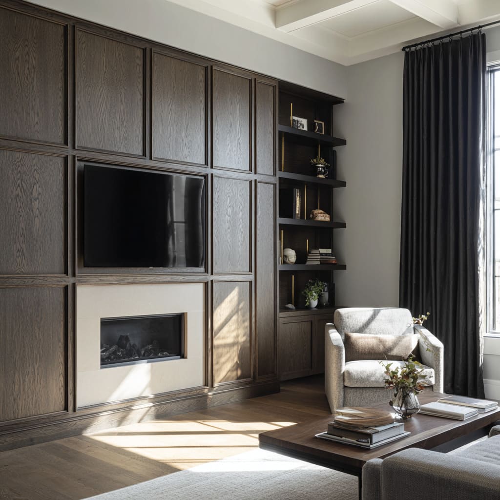 grid wall ideas with built-in fireplace framed in stone, open shelving with brass accents, textured armchair grid wall ideas with built-in fireplace framed in stone, open shelving with brass accents, textured armchair