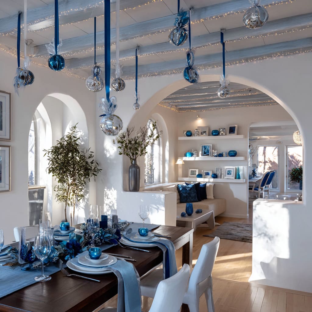 hanging blue and silver ornaments, white table setting, blue runners, and festive ribbons creating a light, airy Christmas scene hanging blue and silver ornaments, white table setting, blue runners, and festive ribbons creating a light, airy Christmas scene