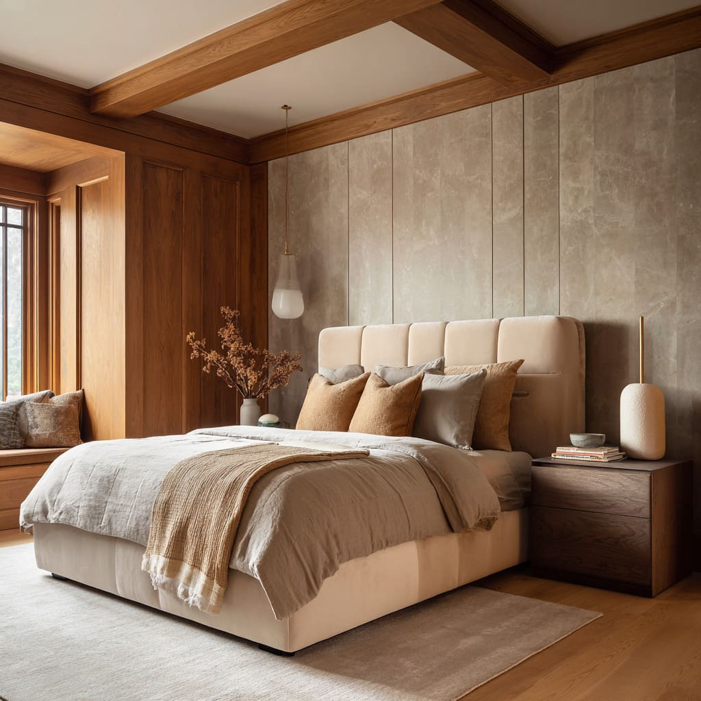 honey-oak bedroom design with built-in window seat, padded vertical headboard, grey-sand bedding, caramel throw honey-oak bedroom design with built-in window seat, padded vertical headboard, grey-sand bedding, caramel throw
