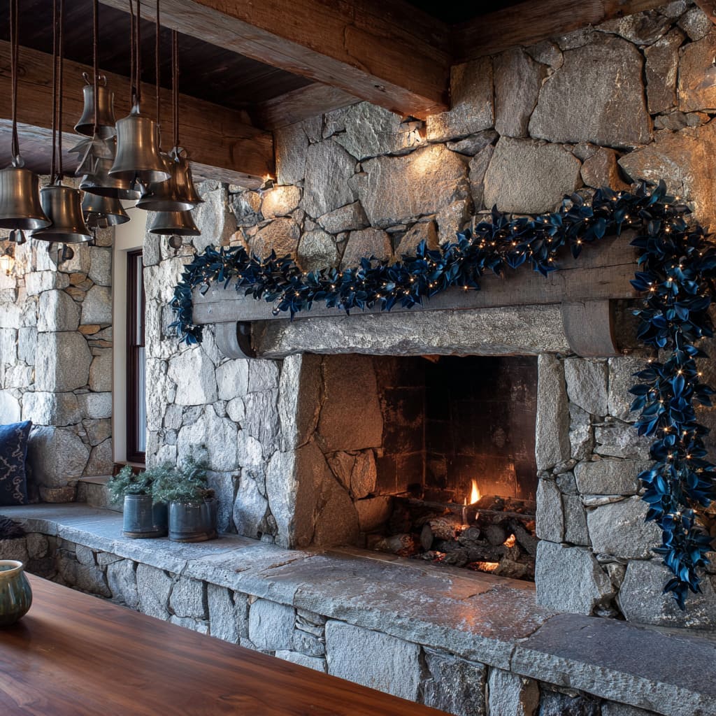 indigo garland, pewter bells, slate accents, and subtle fairy lights for a warm blue and silver mountain Christmas look indigo garland, pewter bells, slate accents, and subtle fairy lights for a warm blue and silver mountain Christmas look