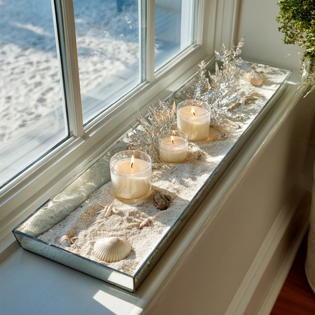 Idea de bandeja en alféizar inspirada en tonos de playa con arena fina, conchas, velas marfil y coral plateado, creando un estilo navideño costero. Idea de bandeja en alféizar inspirada en tonos de playa con arena fina, conchas, velas marfil y coral plateado, creando un estilo navideño costero.