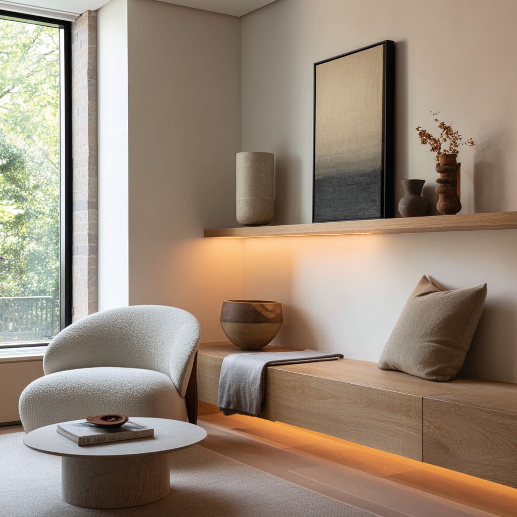 ledge idea with ceramics and textile art, warm under-light, and round stone table for a calm modern corner ledge idea with ceramics and textile art, warm under-light, and round stone table for a calm modern corner