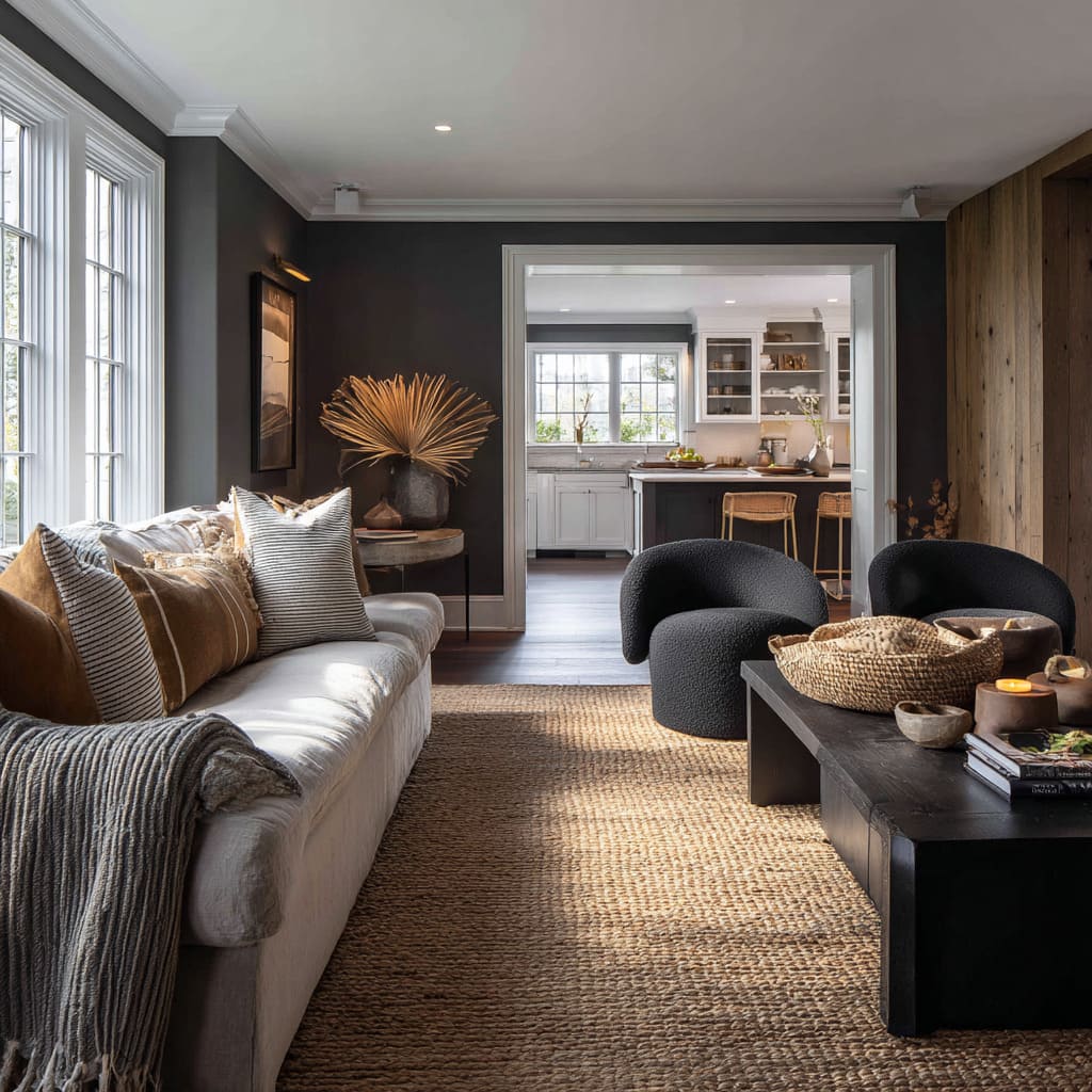 long living room deisng uses deep charcoal walls to shape a moody boho-theme environment long living room deisng uses deep charcoal walls to shape a moody boho-theme environment