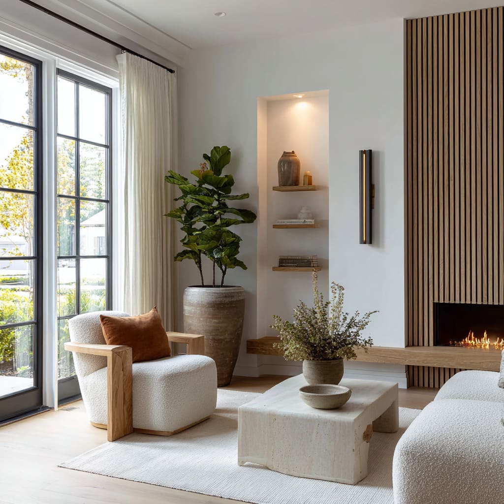 lounge chair with warm lumbar pillow, and stone table for a clean natural living room corner lounge chair with warm lumbar pillow, and stone table for a clean natural living room corner