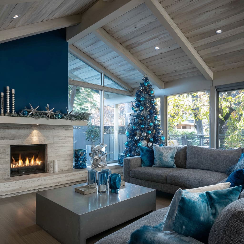 marine-blue feature wall, silver mantel decor, midnight tinsel tree, and blue glass ornaments beside a travertine fireplace marine-blue feature wall, silver mantel decor, midnight tinsel tree, and blue glass ornaments beside a travertine fireplace