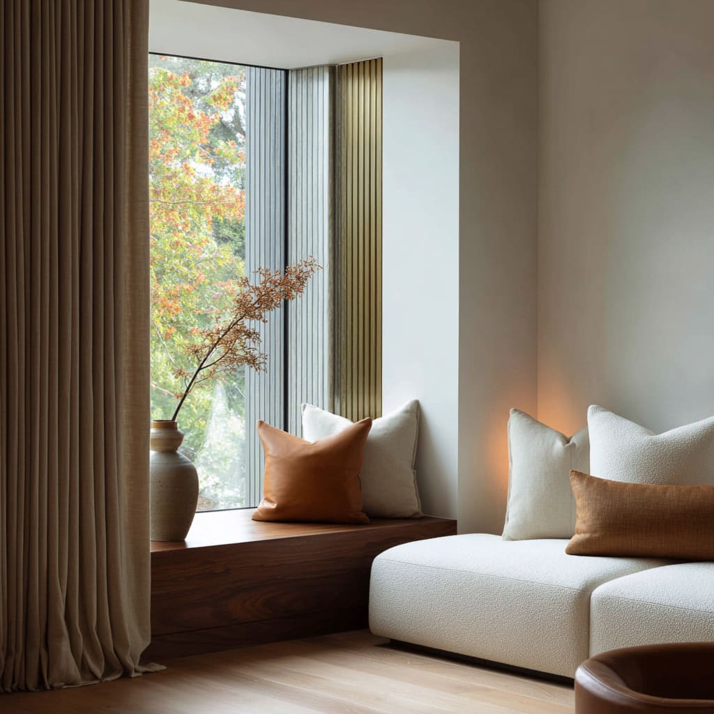 metallic fins at glass, mixed-texture cushions, large vase with dry branch, and soft glow for a gentle tailored corner metallic fins at glass, mixed-texture cushions, large vase with dry branch, and soft glow for a gentle tailored corner