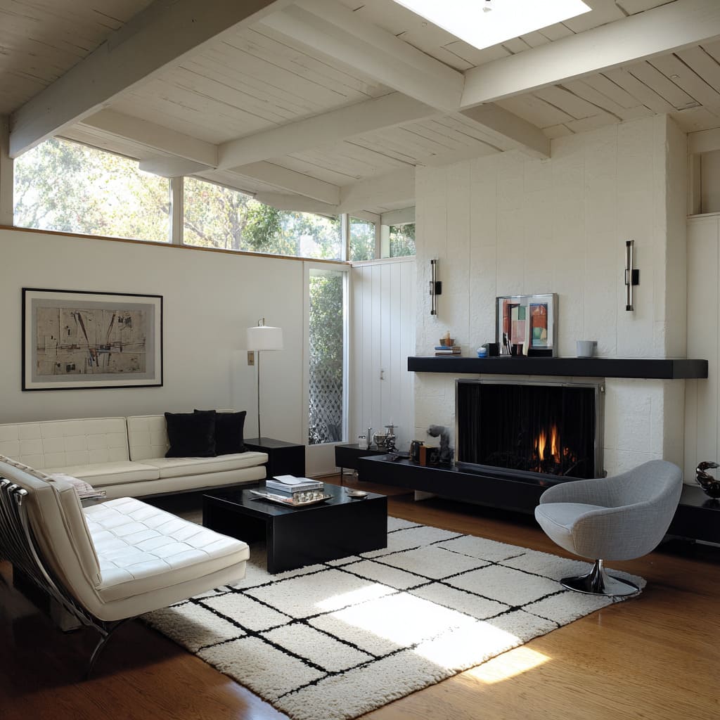 Sala principal estilo mid-century en blanco, negro y plata con vigas expuestas, hogar lineal negro y estructuras en acero pulido Sala principal estilo mid-century en blanco, negro y plata con vigas expuestas, hogar lineal negro y estructuras en acero pulido