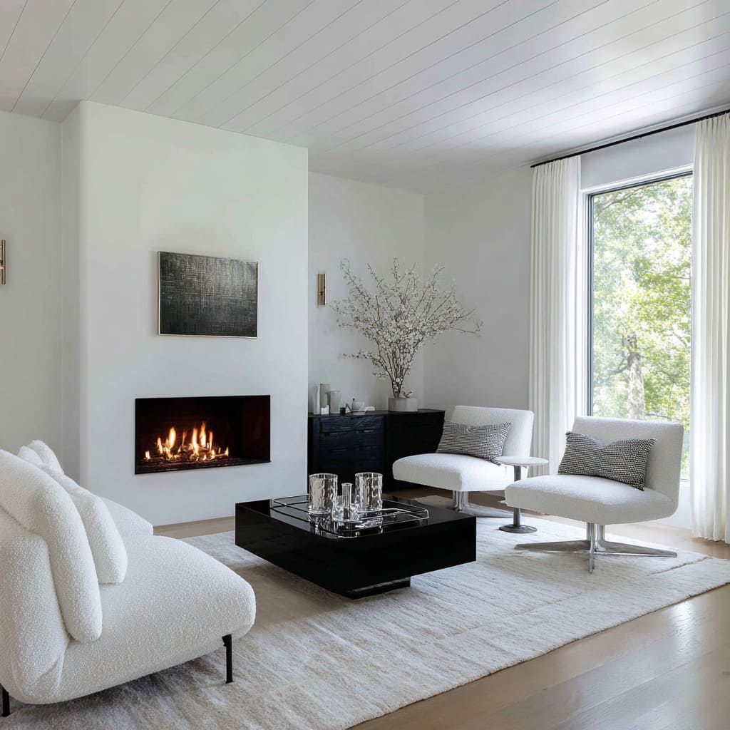 Sala familiar minimalista en negro y plata con ranura de fuego delgada, asientos bajos redondeados en blanco y mesa negra brillante Sala familiar minimalista en negro y plata con ranura de fuego delgada, asientos bajos redondeados en blanco y mesa negra brillante