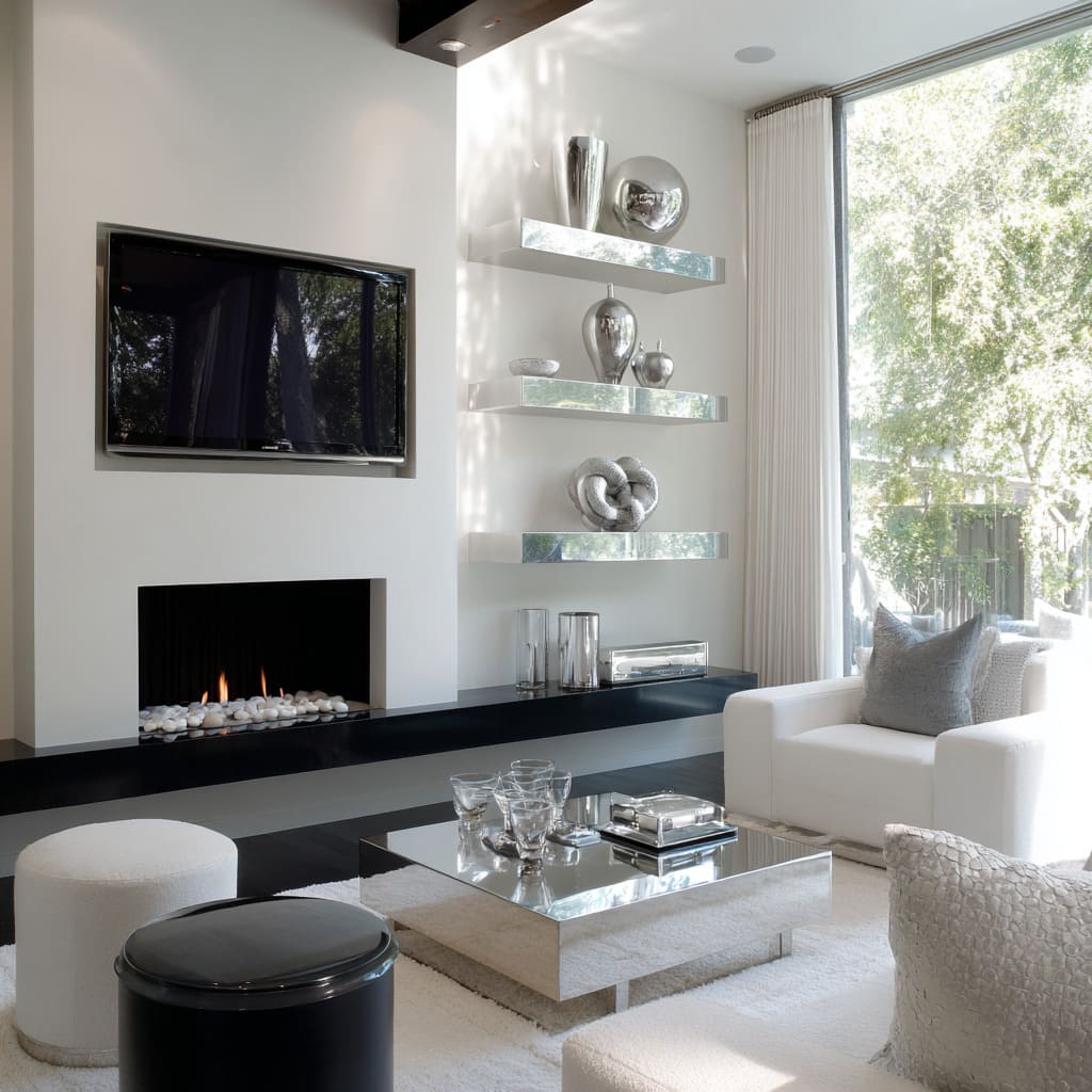 Sala moderna en blanco, negro y plata con repisas flotantes espejo, hogar lineal negro y mesa de centro plateada tipo caja Sala moderna en blanco, negro y plata con repisas flotantes espejo, hogar lineal negro y mesa de centro plateada tipo caja