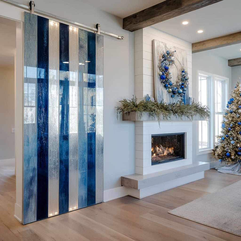 navy and silver Christmas decor, glass barn door, shiplap fireplace, large wreath, and minimal elegant tree navy and silver Christmas decor, glass barn door, shiplap fireplace, large wreath, and minimal elegant tree