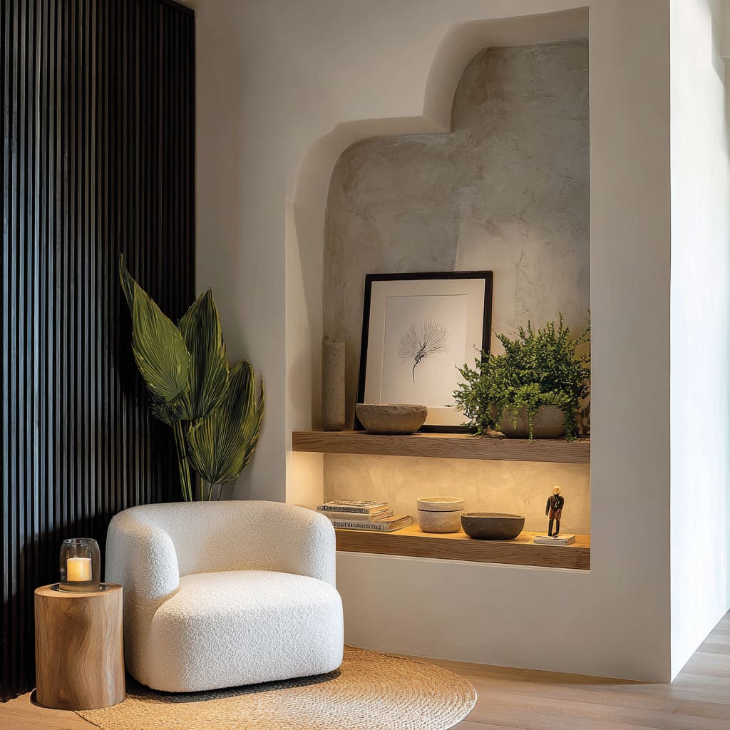 niche with lit ledge, clay bowls, small figure, tropical leaf against ribbed screen, boucle chair, and round rug for a soft textured corner niche with lit ledge, clay bowls, small figure, tropical leaf against ribbed screen, boucle chair, and round rug for a soft textured corner