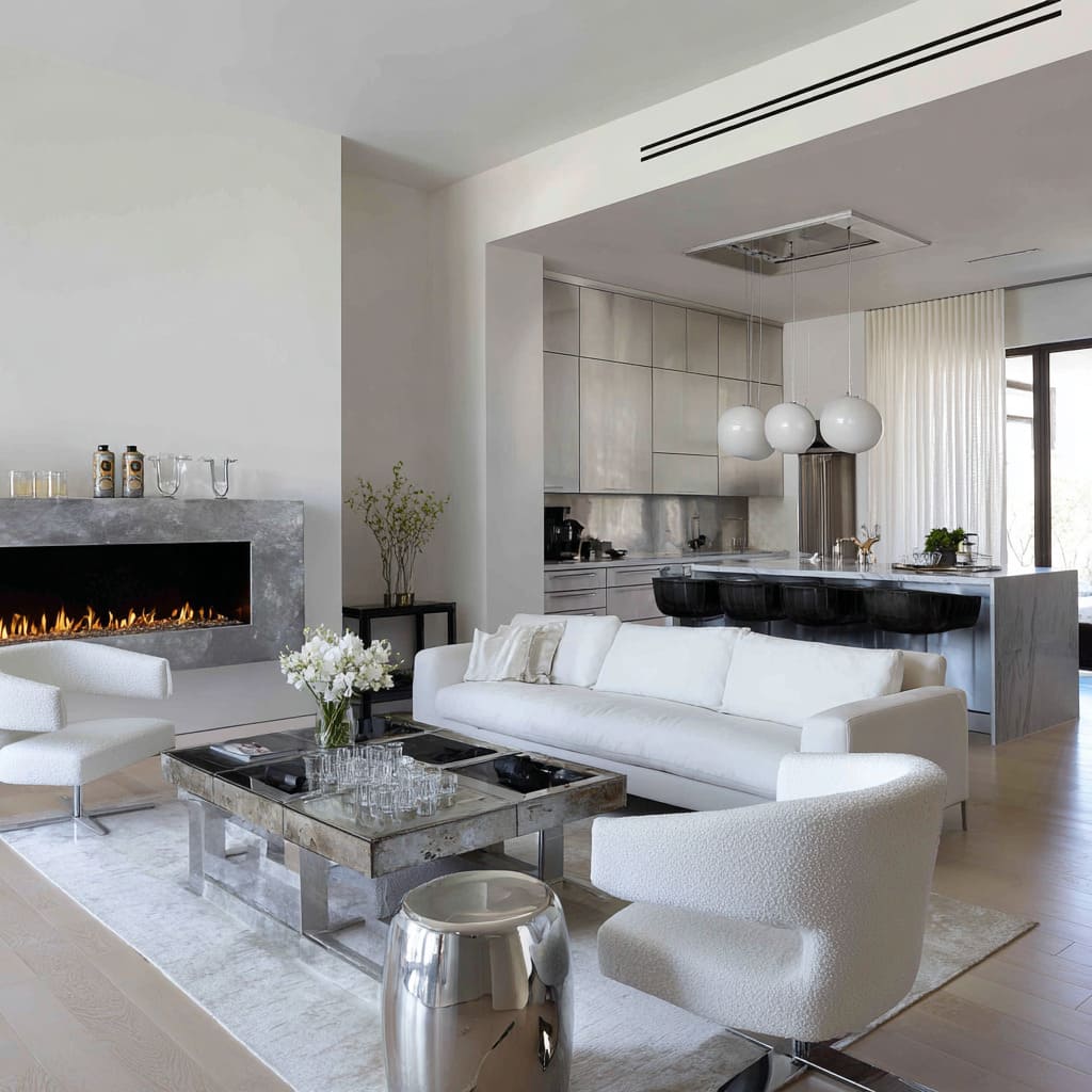 Sala abierta en negro, blanco y plata con chimenea de piedra, pared de cocina en acero inoxidable, asientos blancos y mesa con patas de vidrio Sala abierta en negro, blanco y plata con chimenea de piedra, pared de cocina en acero inoxidable, asientos blancos y mesa con patas de vidrio