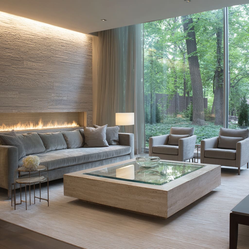 organic silver-grey living room with long stone-textured wall, slate sofa organic silver-grey living room with long stone-textured wall, slate sofa