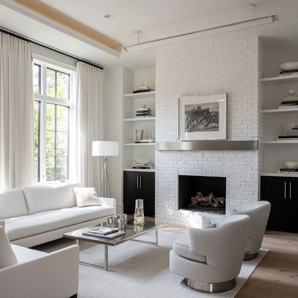 Sala con ladrillo pintado en negro y plata con repisa de acero, estantes blancos, base negra y mesa de centro cromada Sala con ladrillo pintado en negro y plata con repisa de acero, estantes blancos, base negra y mesa de centro cromada