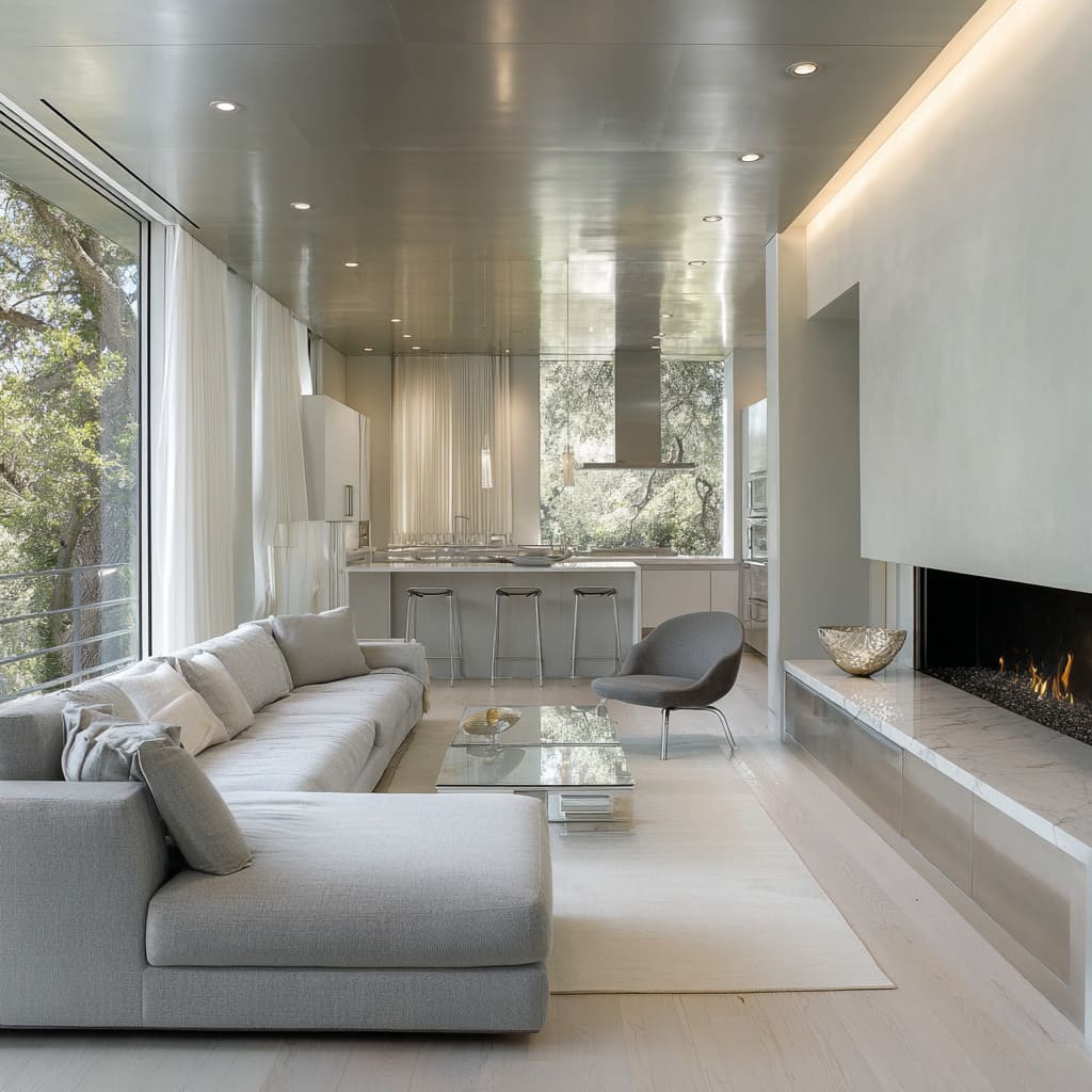 pale sectional, charcoal chair, and polished chrome accents pale sectional, charcoal chair, and polished chrome accents