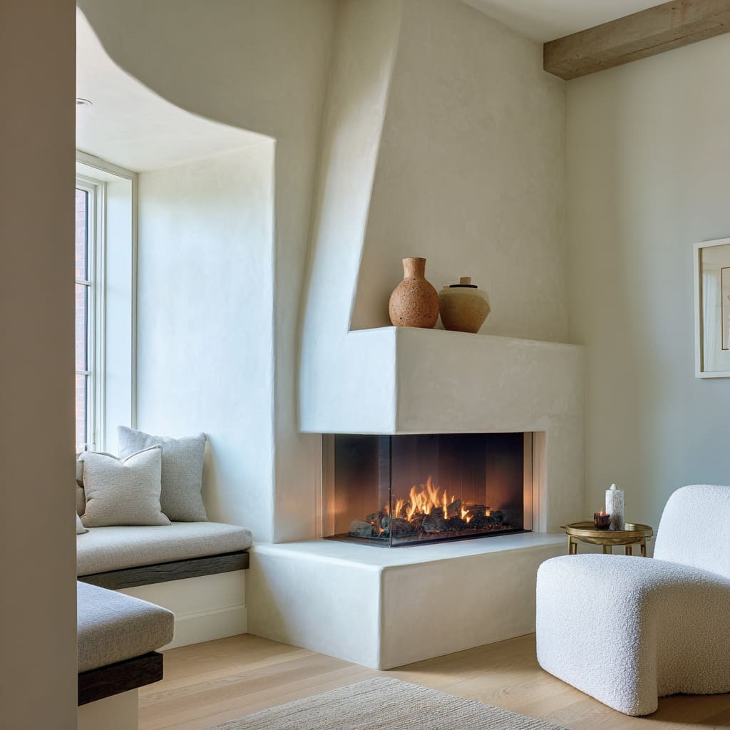 Inspiración de chimenea en esquina con bordes redondeados, fuego en vidrio en la esquina y cerámicas en tonos tierra Inspiración de chimenea en esquina con bordes redondeados, fuego en vidrio en la esquina y cerámicas en tonos tierra