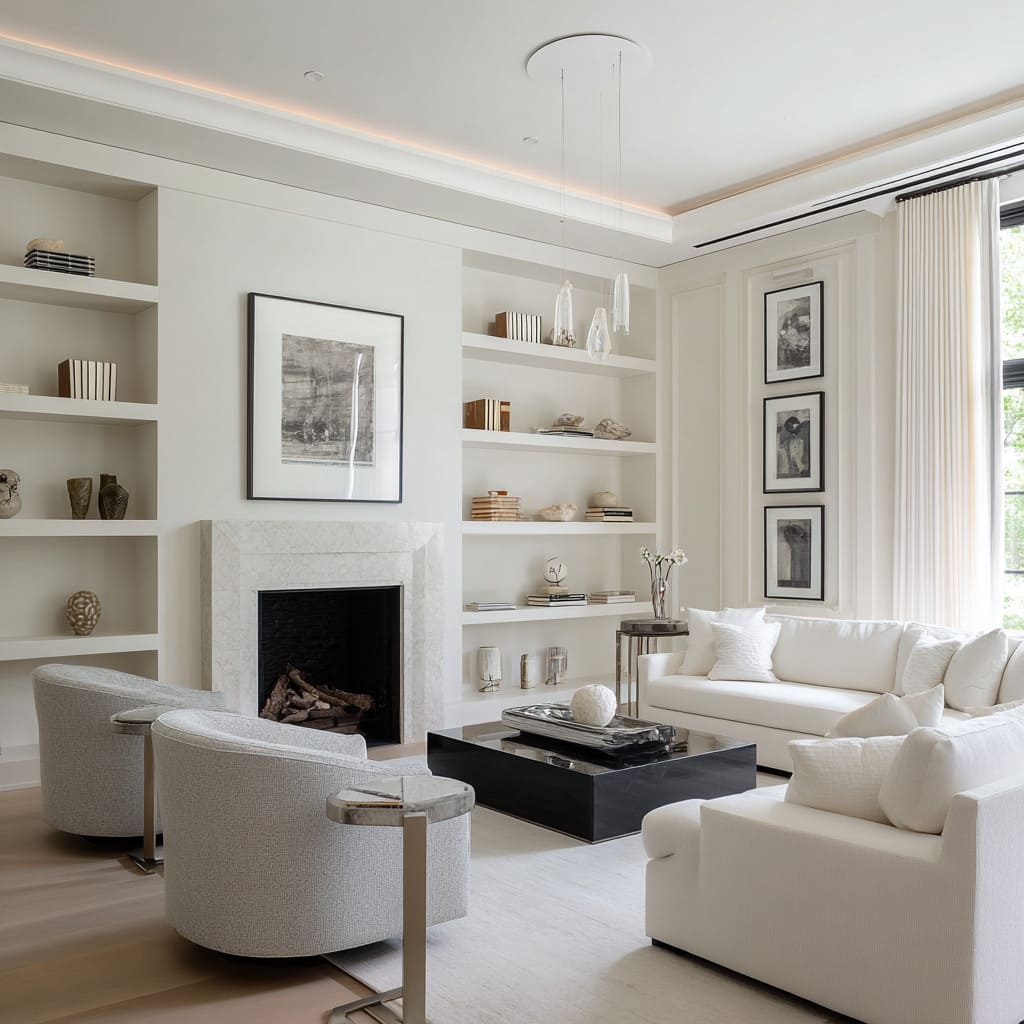 Interior estilo biblioteca en blanco con chimenea de piedra mate, mesa negra brillante y luz metálica delgada Interior estilo biblioteca en blanco con chimenea de piedra mate, mesa negra brillante y luz metálica delgada