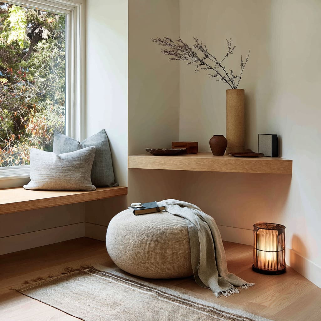 ribbed lantern glow, gray pouf, and wood trays for a bright relaxed corner in a living room design ribbed lantern glow, gray pouf, and wood trays for a bright relaxed corner in a living room design