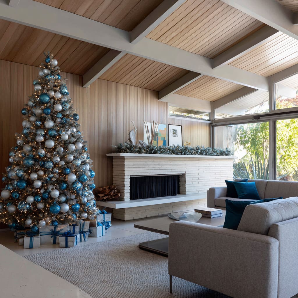 sculptural blue and silver Christmas tree, frosted garland, and white-wrapped gifts with sky-blue ribbons sculptural blue and silver Christmas tree, frosted garland, and white-wrapped gifts with sky-blue ribbons