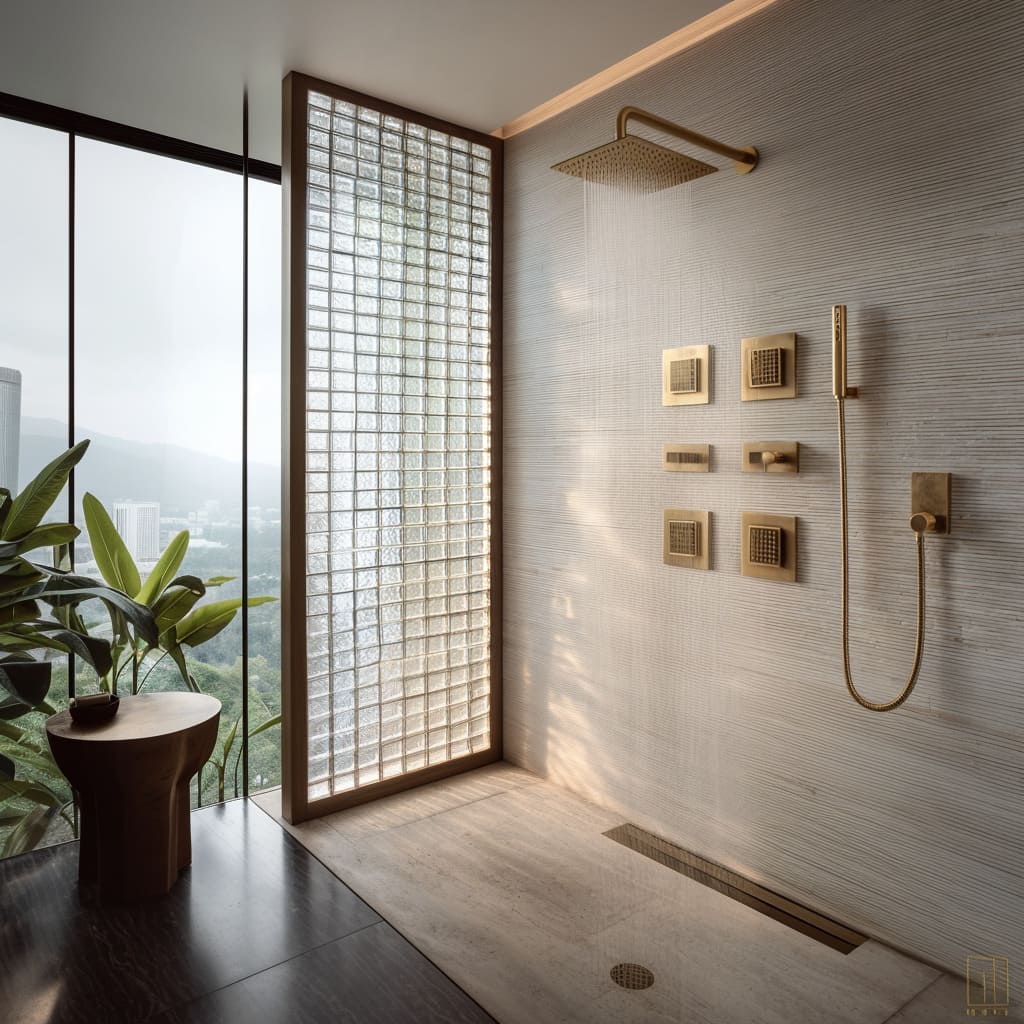 shower design with a warm wood-framed glass block panel, ribbed horizontal tile walls, brushed brass shower fixtures shower design with a warm wood-framed glass block panel, ribbed horizontal tile walls, brushed brass shower fixtures