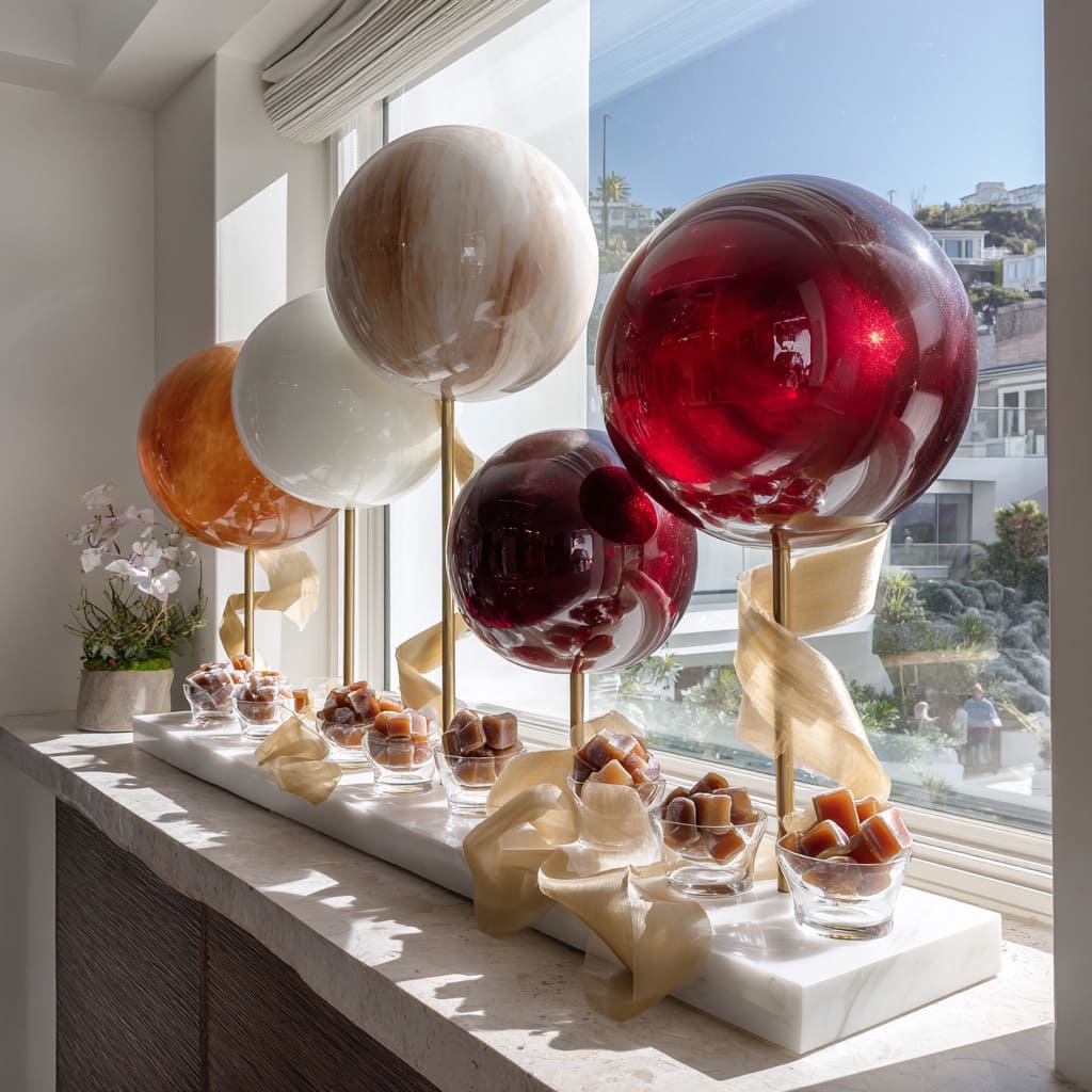 Exhibición en alféizar con esferas de vidrio sobre varillas doradas, tonos caramelo y base de mármol creando un diseño navideño escultórico tipo piruleta. Exhibición en alféizar con esferas de vidrio sobre varillas doradas, tonos caramelo y base de mármol creando un diseño navideño escultórico tipo piruleta.