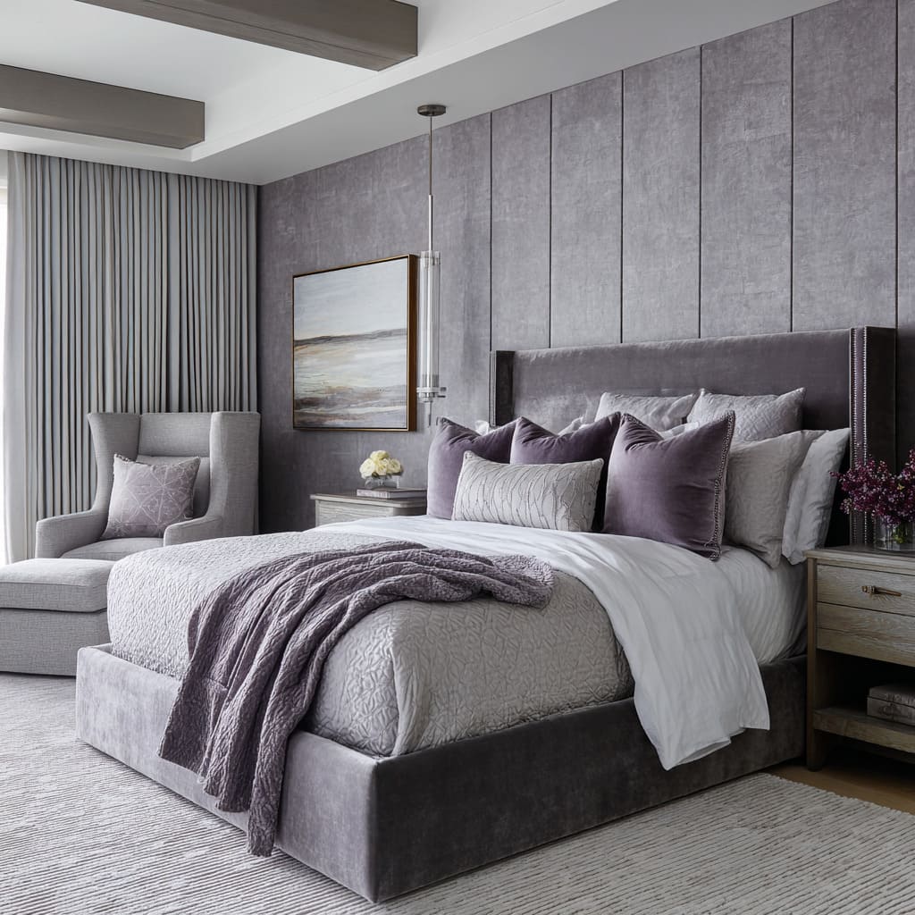 Dormitorio plateado-lavanda con paneles de ante, cama en terciopelo peltre, colgante transparente y mesas de roble lavado. Dormitorio plateado-lavanda con paneles de ante, cama en terciopelo peltre, colgante transparente y mesas de roble lavado.