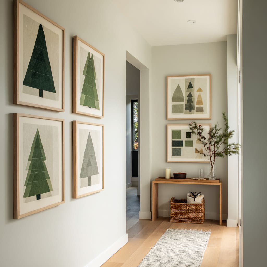 simplified green tree prints in pale wood frames, slim console with greenery, woven basket, and light oak flooring for a subtle holiday look simplified green tree prints in pale wood frames, slim console with greenery, woven basket, and light oak flooring for a subtle holiday look