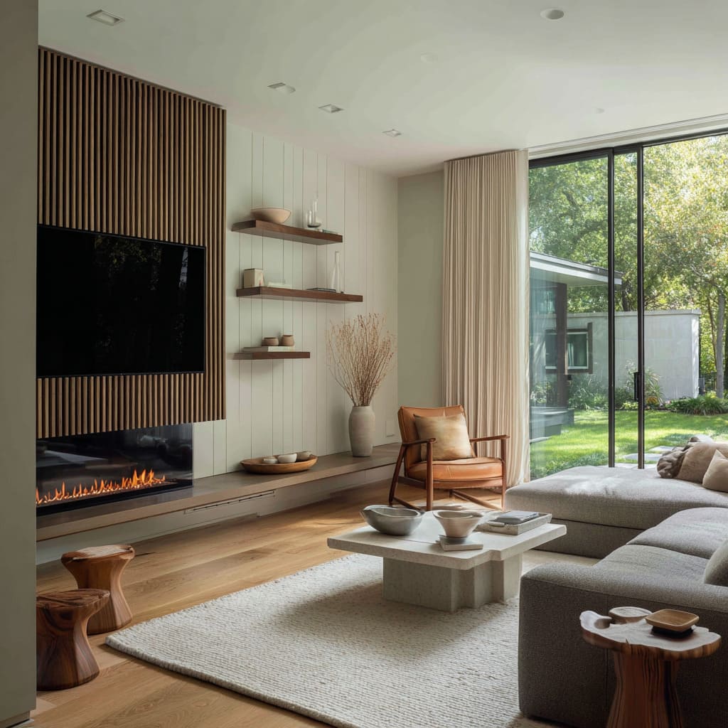 slat TV field, layered ledge, leather lounge chair, stone pedestal table, tall drapery slat TV field, layered ledge, leather lounge chair, stone pedestal table, tall drapery