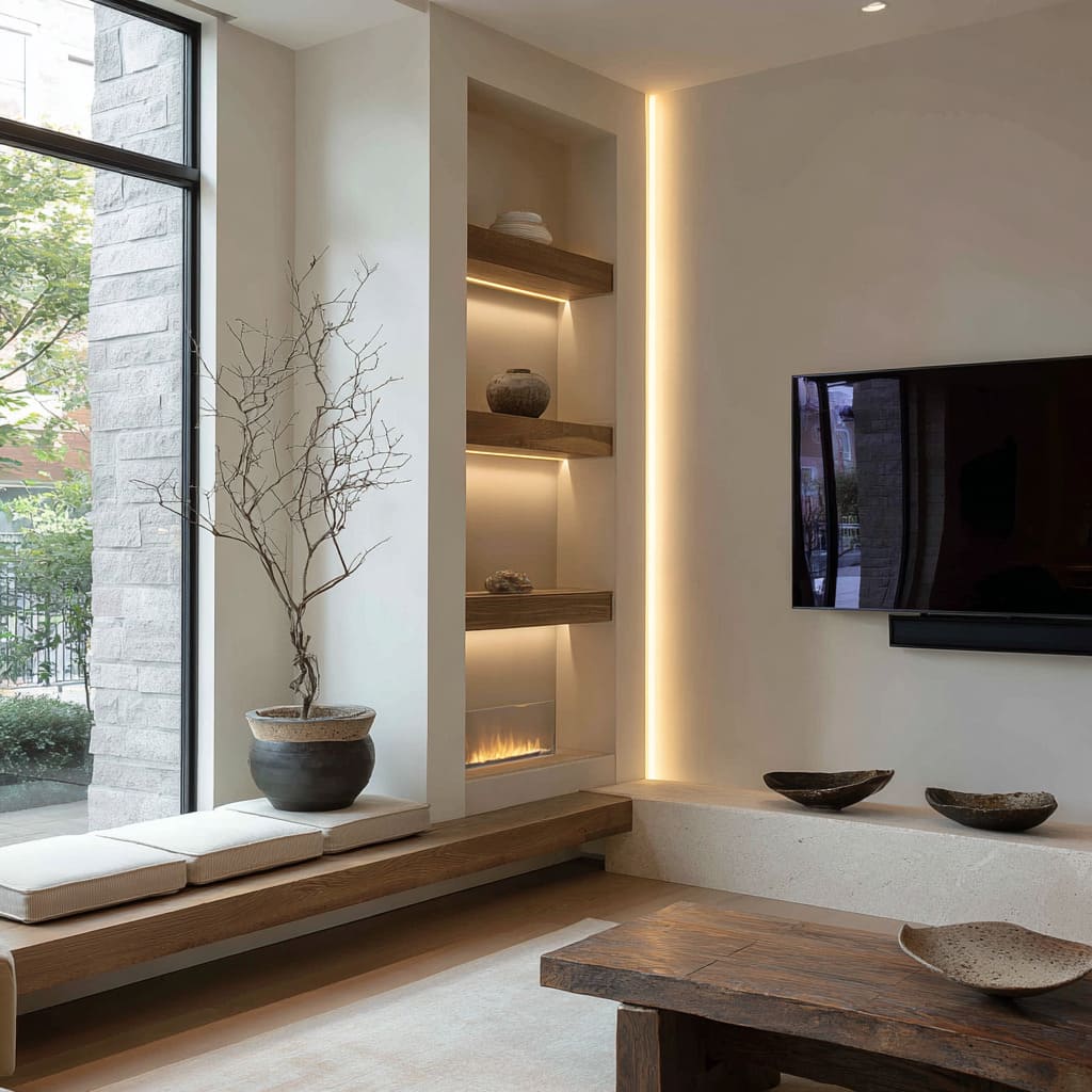 slim metal shelf ladder, pottery and plants, rattan stool, and ribbed planter for a breezy natural living room corner ideas slim metal shelf ladder, pottery and plants, rattan stool, and ribbed planter for a breezy natural living room corner ideas