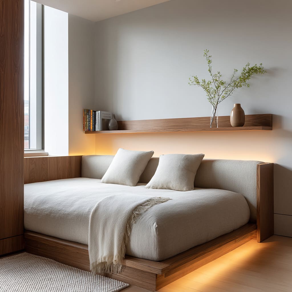 slim upholstered rails, making the bed feel like a lounge slim upholstered rails, making the bed feel like a lounge