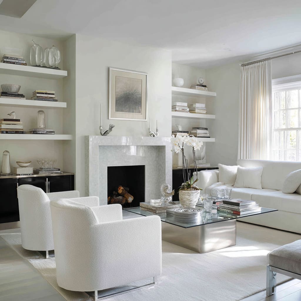 Sala suave en negro, blanco y plata con chimenea de piedra perlada, mesa con base metálica cepillada y sillones blancos Sala suave en negro, blanco y plata con chimenea de piedra perlada, mesa con base metálica cepillada y sillones blancos