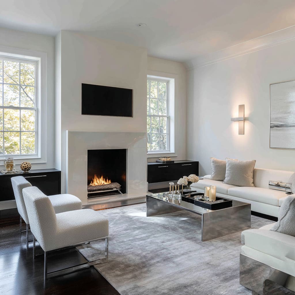 Sala simétrica en blanco y plata con chimenea de alto brillo, acentos negros, mesa espejo y alfombra plateada Sala simétrica en blanco y plata con chimenea de alto brillo, acentos negros, mesa espejo y alfombra plateada