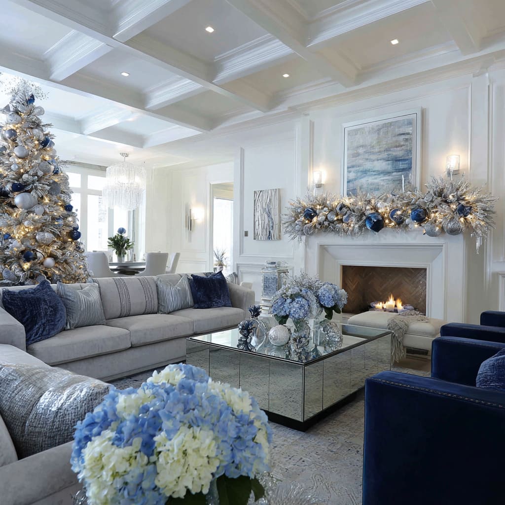 tall silver and blue Christmas tree, mirrored cube table, silver mantel garland, and layered navy and silver cushions tall silver and blue Christmas tree, mirrored cube table, silver mantel garland, and layered navy and silver cushions