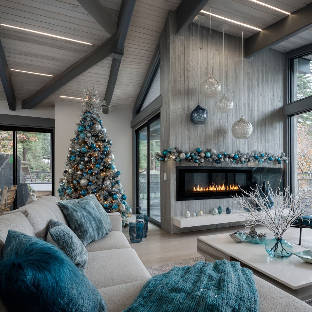 teal and silver Christmas decor, stone fireplace, silver garland mantel, and tree layered in teal, navy, and chrome ornaments teal and silver Christmas decor, stone fireplace, silver garland mantel, and tree layered in teal, navy, and chrome ornaments