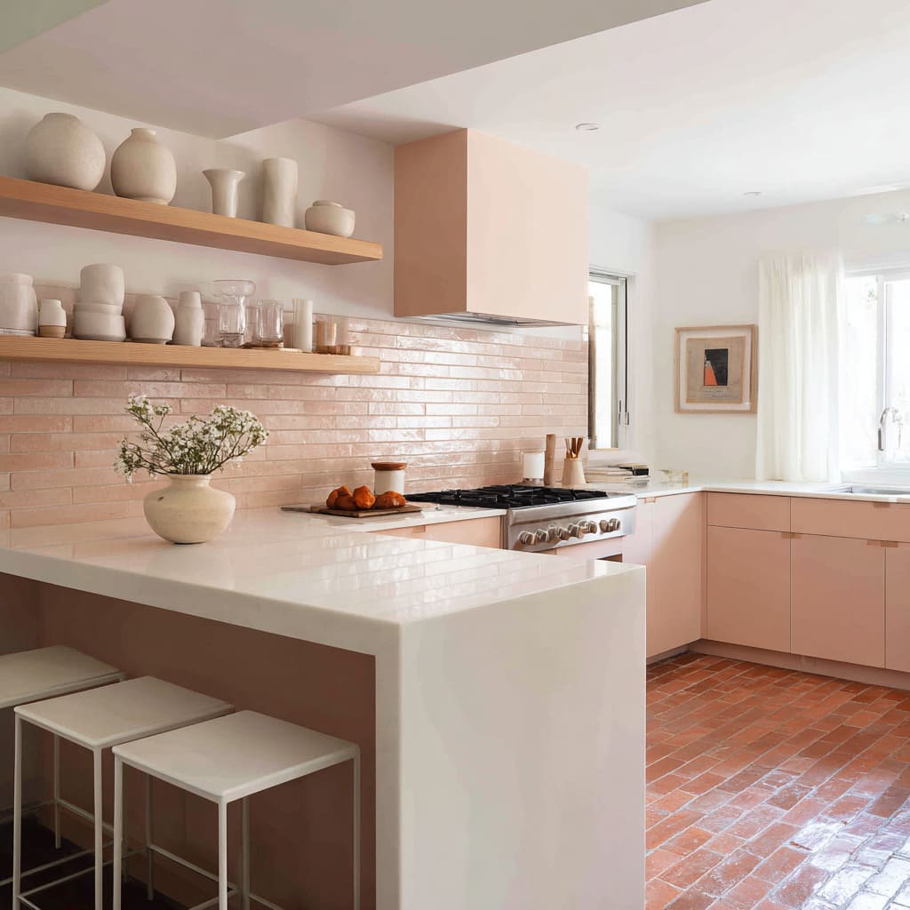 Ideas de cocina en U en terracota con suelo de ladrillo fino brillante, península blanca tipo cascada que envuelve un hueco rosado y muebles en arcilla suave Ideas de cocina en U en terracota con suelo de ladrillo fino brillante, península blanca tipo cascada que envuelve un hueco rosado y muebles en arcilla suave