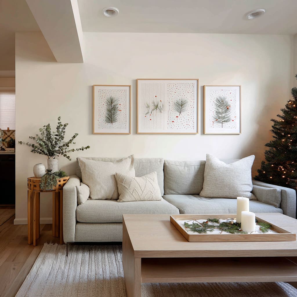 three framed pine branch prints, pale gray sofa, soft textures, simple tree with warm lights, and natural greenery accents three framed pine branch prints, pale gray sofa, soft textures, simple tree with warm lights, and natural greenery accents